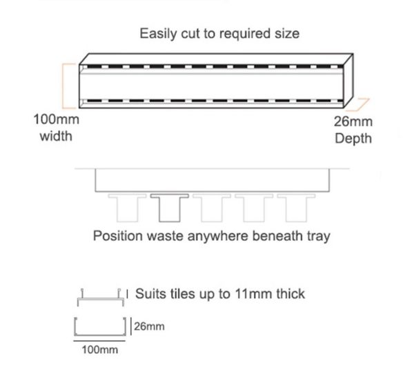 Brushed Aluminium tile insert linear shower waste grate specs Australia